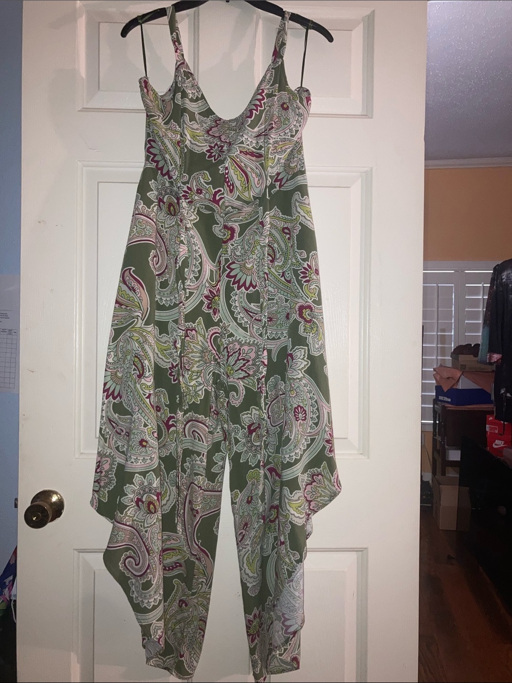Vince Camuto Olive Paisley Handkerchief Jumpsuit